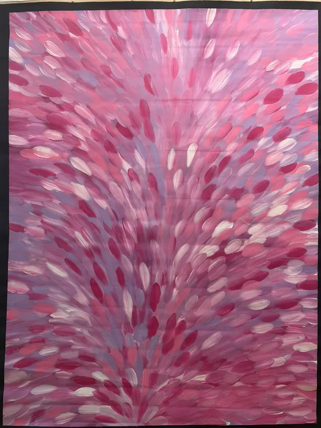Bush Medicine Leaves by Gloria Petyarre (c1942–2021), 2000 x 1500mm, available at The Black Canoe Gallery & Cafe