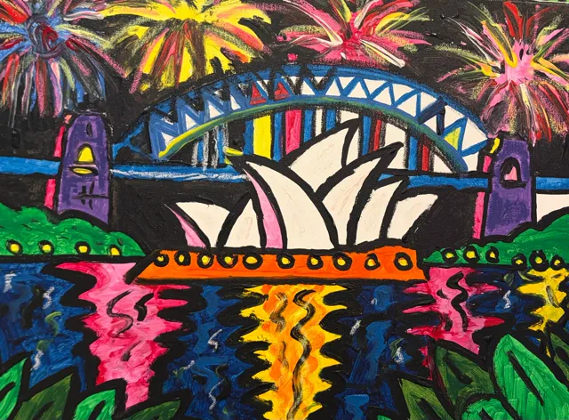 Close-up of a painting of the Sydney Opera House and Harbour Bridge under colourful fireworks